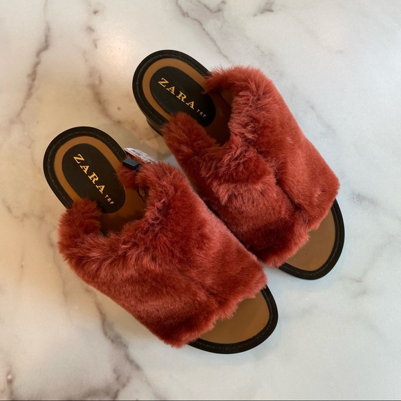ZARA Faux Fur Block Heel Mule Brick Merlot Berry Maroon - Picture 2 of 9
